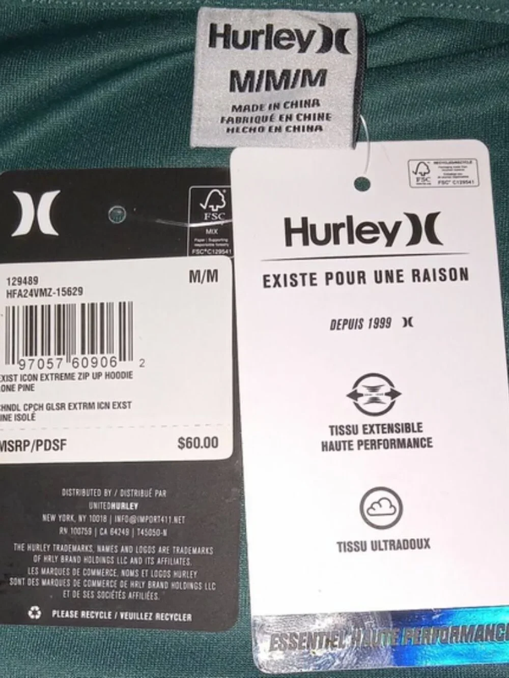 NWT Hurley-X Men's Small Green Icon Extreme Fleece Full Zip Hoodie W/Pockets